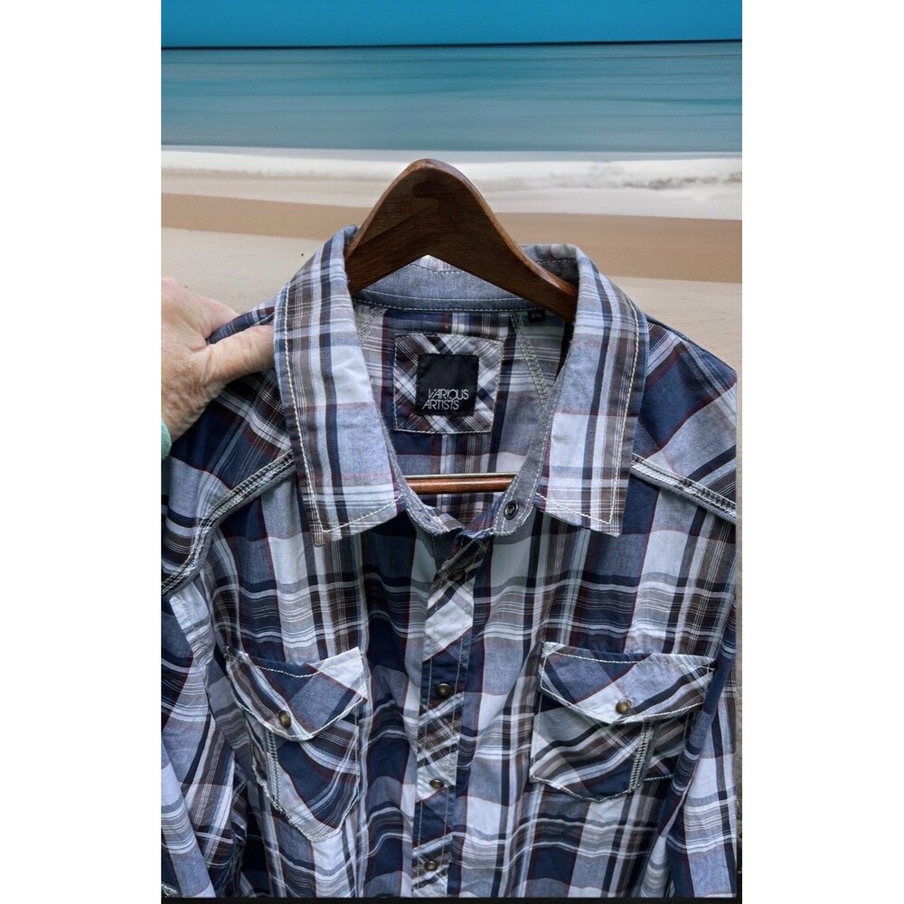 Various Artists Western Brownish Pearl Snap Shirt Long Sleeve Plaid Men Size 2XL